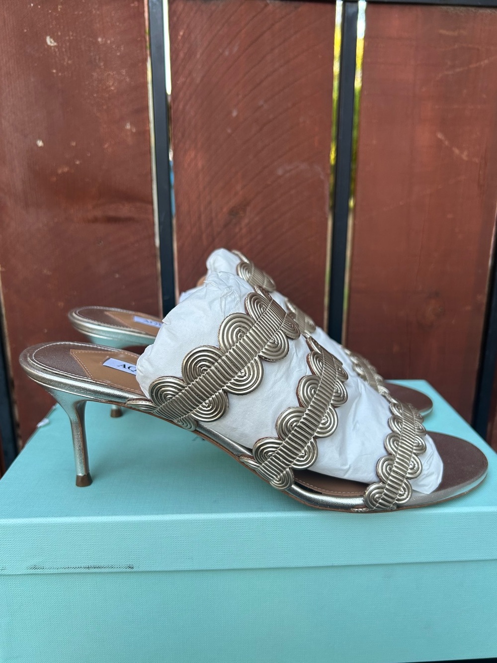 NEW Aquazzura wavy gold Embellished nappa leather mule sandals Size 41.5EU